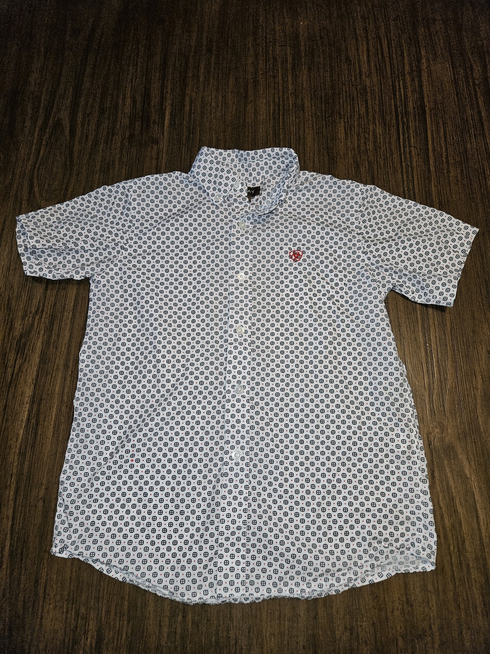 Ariat White Short-Sleeve Button-Down with Navy Geo Print and Red Logo